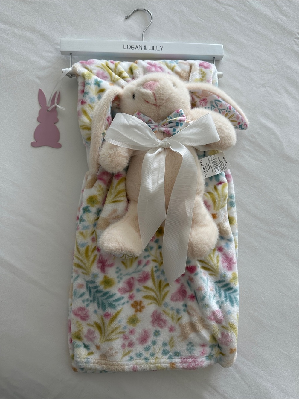Cream Plush Floral Baby Blanket with Bunny